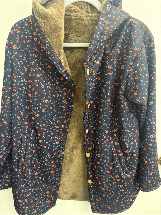 None Jackets & Blazers - Women's Navy Floral Hooded Coat with Faux Fur Lining